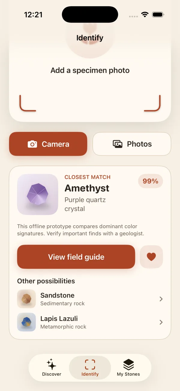 Pre-release RockClue identifier screen showing an amethyst match and alternative possibilities